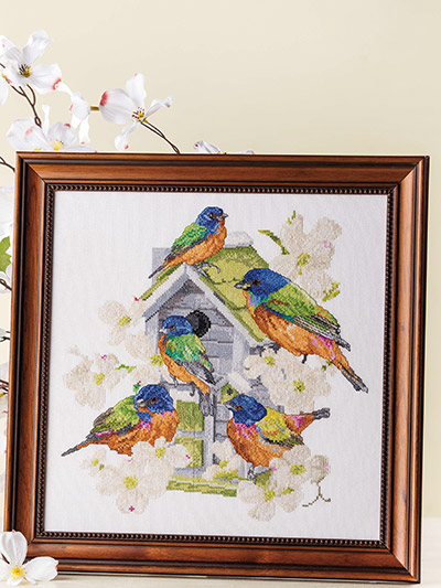 Painted Buntings Birdhouse Cross Stitch Pattern